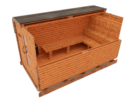 Cedar kubix outdoor sauna 3D mockup, side view showing the interior of a modern cube-style design