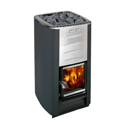 Harvia M3 wood-burning sauna stove side view product image isolated on a clean white background