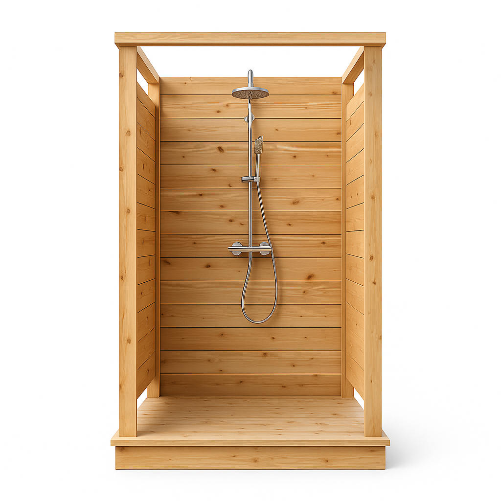 Outdoor red cedar shower with fixed shower head and handheld wand, freestanding unit isolated on white background