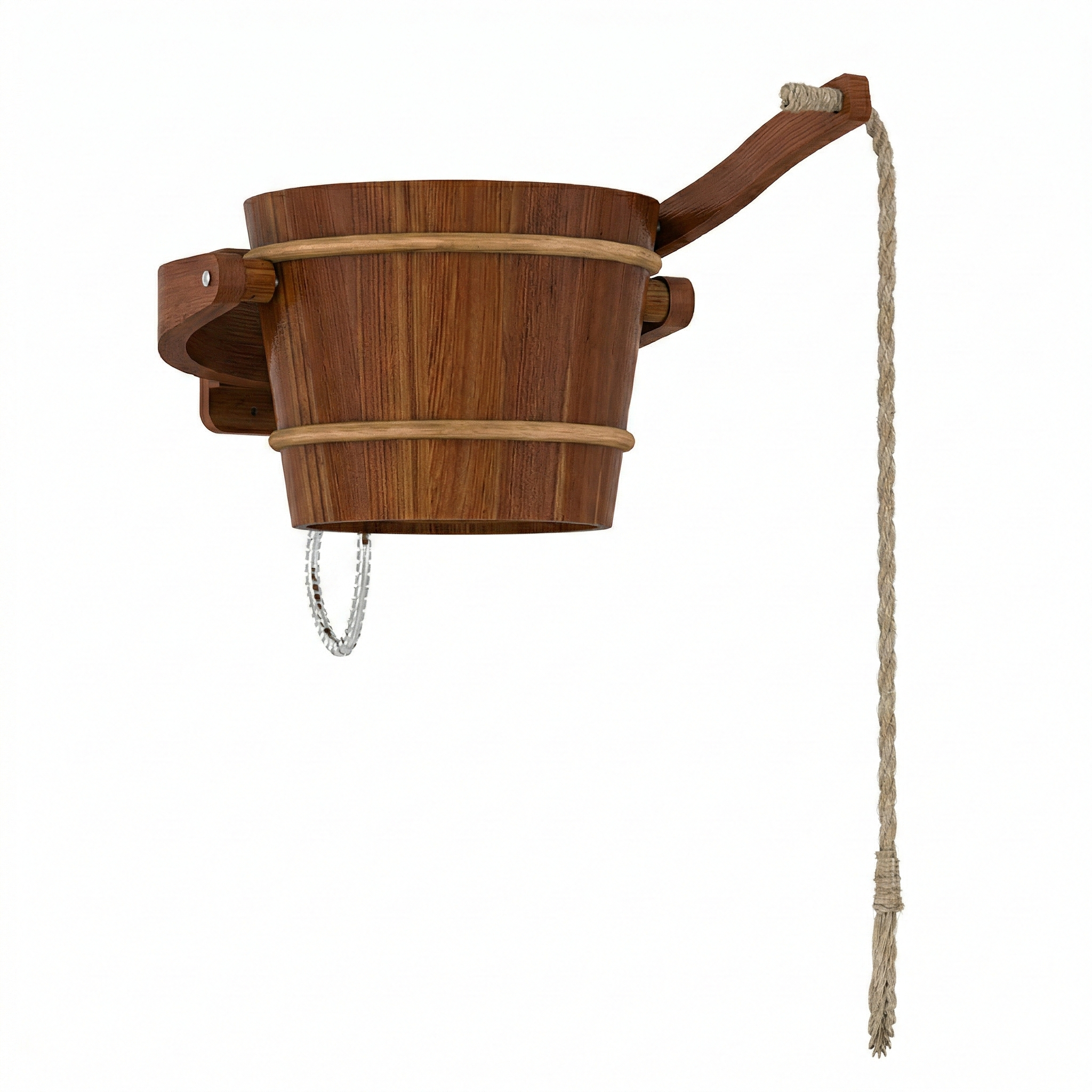 3D model of wall-mountable cedar sauna dunk bucket with pull handle, traditional cold plunge accessory for outdoor sauna use