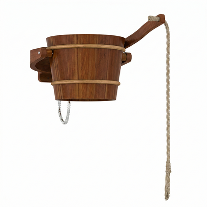3D model of wall-mountable cedar sauna dunk bucket with pull handle, traditional cold plunge accessory for outdoor sauna use