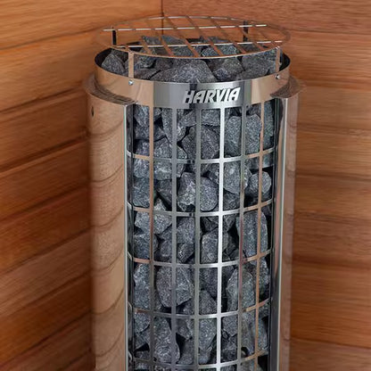 Harvia Cilindro electric sauna heater installed in corner of cedar sauna